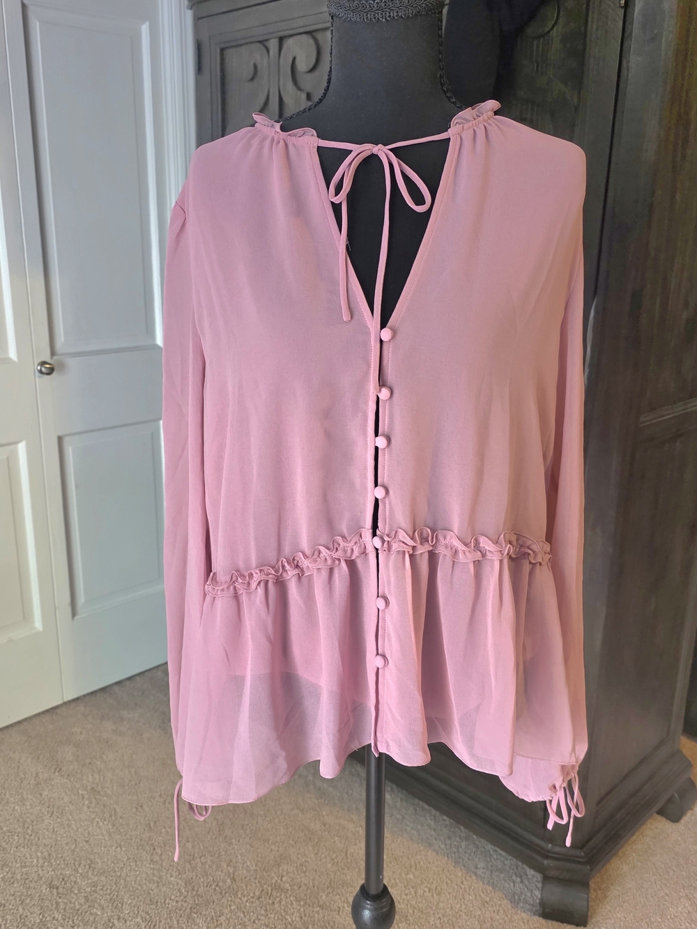 Wilfred Aritzia Rhyme Blouse Pink Sheer Chiffon Ruffle Tie Neck Top NWT Large